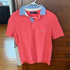 Nautica Coral-Red Polo with Light Blue Contrast Collar